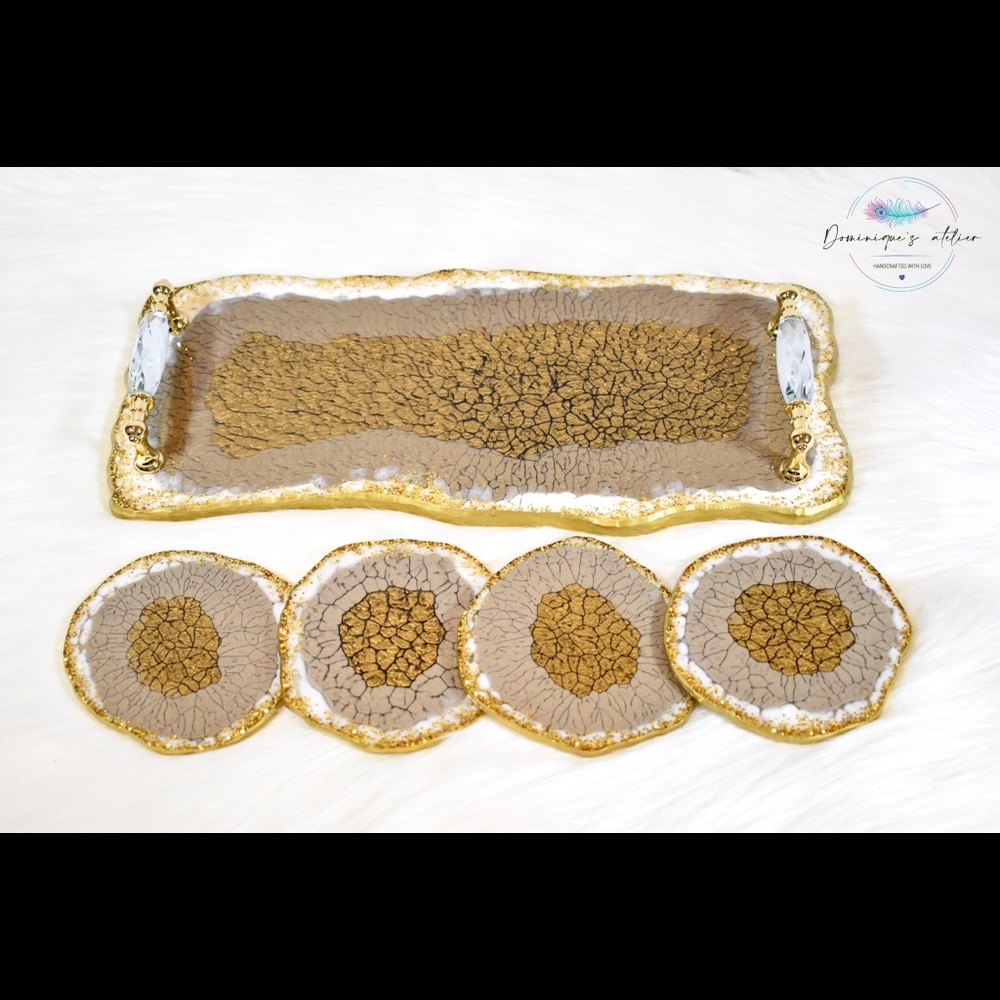 Gold & White set (4 coasters + 1 large tray)